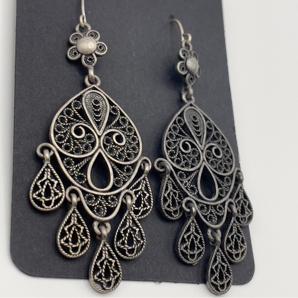 Vintage Silver Filigree Chandelier Earrings • Boho Statement Dangles - Picture 4 of 7